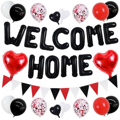 Image of TONIFUL 16 inch Black Red Welcome Home Balloons Banner Housewarming Party Decor