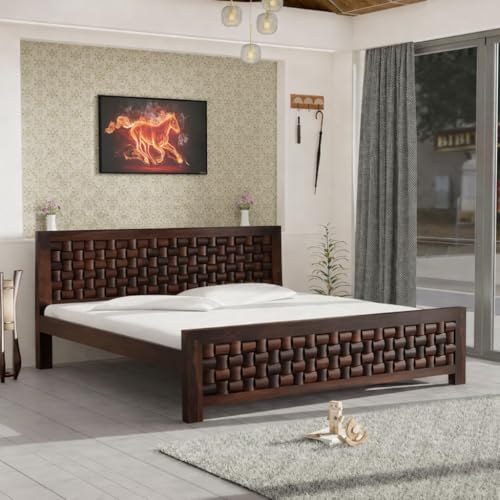 Image of Classic Niwar Style Sheesham Wood King Size Bed Without Storage (81x74 Inch) | Wooden Double Bed Cot for Bedroom Furniture | Modern Palang Bed | Walnut Finish