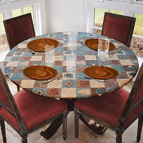 Elastic Edged Flannel Backed Vinyl Fitted Table Cover - Global Coffee Pattern - Large Round - Fits Tables Up To 45" - 56” Diameter #TOP1