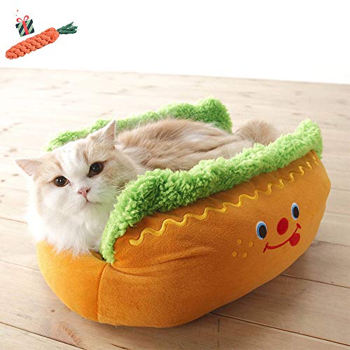 Enhome Hundebett für Katzen und Hunde mit Plüsch, Deluxe Rund in Hot Dog-Form Hundesofa Hundematte weichem rutschfest Katzenbett (63 * 47 * 21 cm,Hamburger)