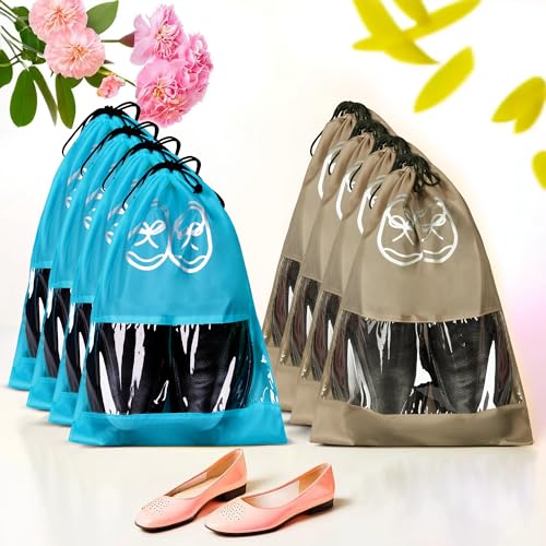 Image of Heart Home Pack of 8 Travel Shoe Organizer | Travel Storage Bags | Travel Carrying Bag | Storage Organizers Set | Shoe Cover with Transparent Window | Shoe Dori Cover | Brown & Sky Blue