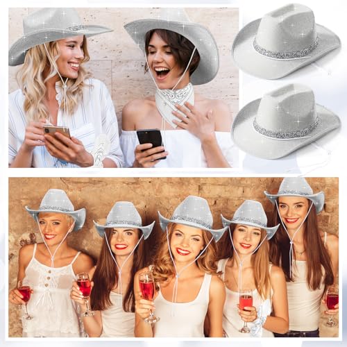 Image of Coume 12 Pcs Sparkly Adults Cowboy Hat and Bandanas Women Men Western Glitter Cowgirl Party Hats with Adjustable Drawstring