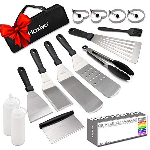 HAXIYA BBQ Griddle Accessories Kit 15-Pc Exclusive Griddle Tools Spatulas Set–Commercial Grade Flat Top Grill Cooking Kit - Great for Outdoor BBQ Teppanyaki and Camping