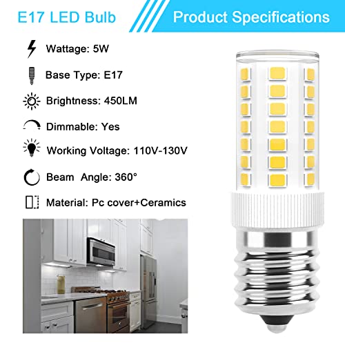 Image of E17 LED Bulbs Dimmable 5W Microwave Over Stove Bulb, 40W Incandescent Equivalent, Daylight White 6000K, Fit for Whirlpool Maytag GE Kenmore LG Microwaves, Replaces 8206232A 1890433 AP4512653, 2 Pack