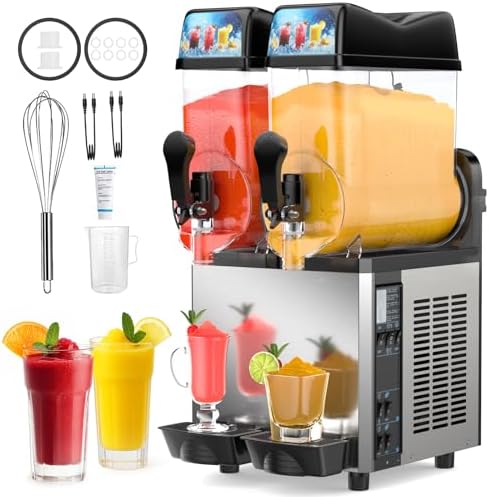 Commercial Slushy Machine, 2 x 15L Slushy Maker Machine, 145 Cups Stainless Steel Frozen Drink Machine & Margarita Machine with LED Light Perfect for Restaurants Bars Cafes Party