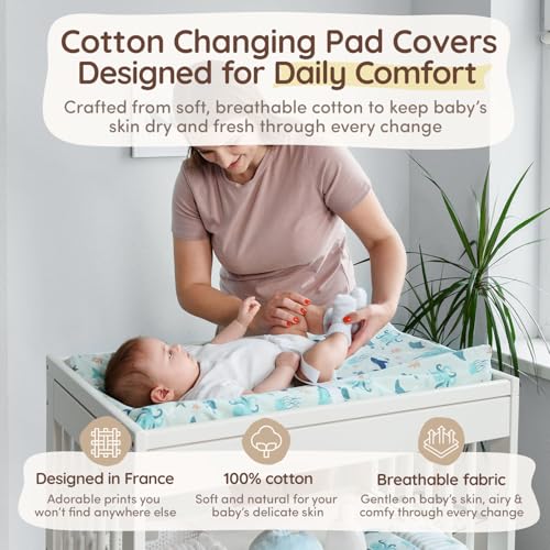 Image of Baby Changing Pad Covers Girl 32 inchx16 inch, 8 inchDeep Pocket - Diaper Changing Pad Cover Nautical, 100% Cotton Ocean Whale Diaper Change Table Sheet for Girl & Boy, 2 Pack, Designed in France, Teal-White