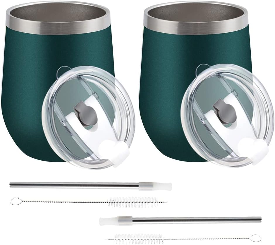 PLATINIUM Stainless Steel Wine Tumbler(2 Pack),12oz Vacuum Insulated Wine Tumbler with 2 in 1 Lid and Straw,Keep Cold & Hot,Leak-Proof,Dishwasher Safe,Perfect for Travel & Outdoors|Dark Green