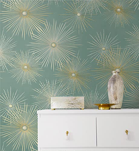 NextWall Starburst Geo Mid Century Peel and Stick Wallpaper (Teal & Metallic Gold) NextWall Starburst Geo Mid Century Peel and Stick Wallpaper (Teal & Metallic Gold)