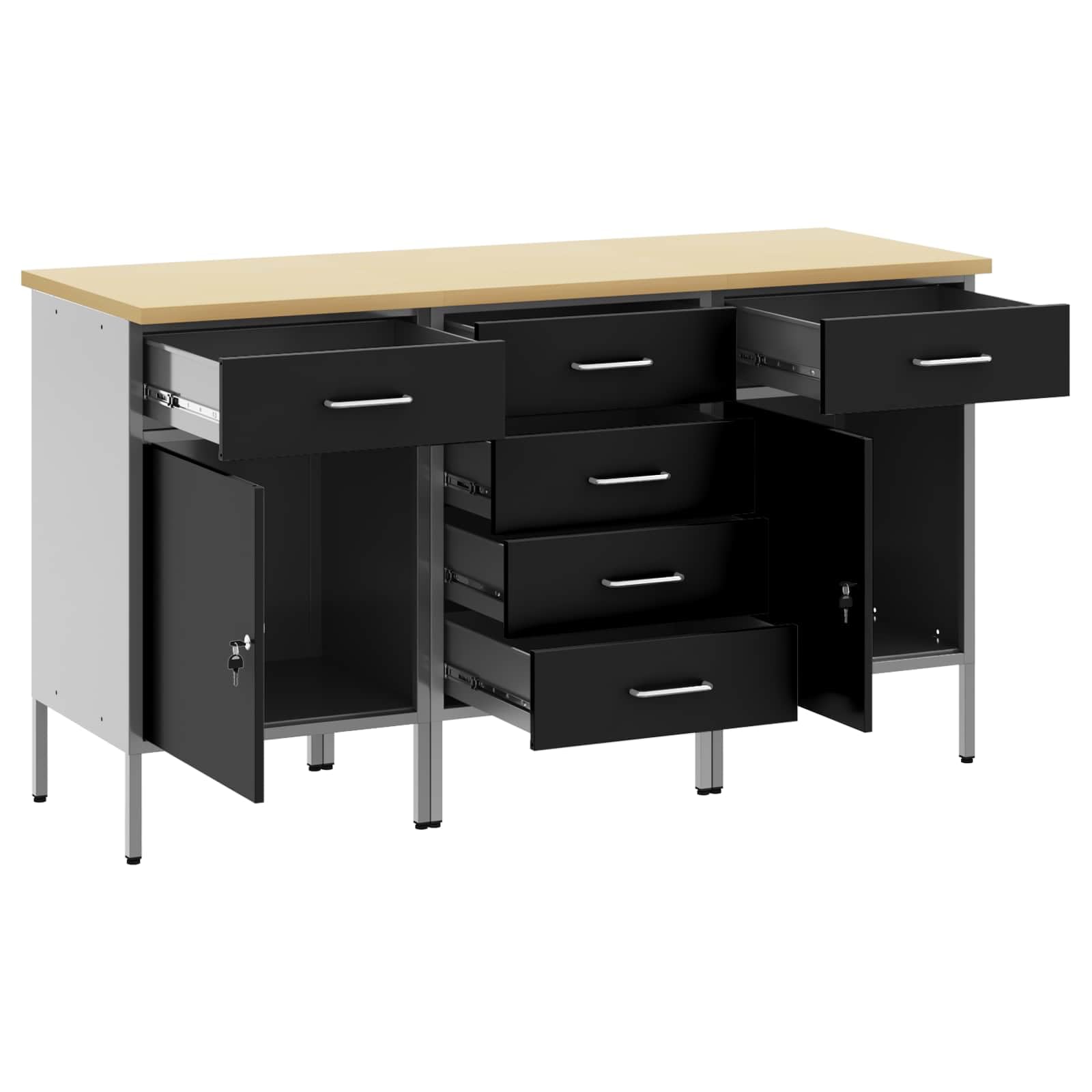 Banco de trabajo con cajones negro y gris, 150 x 55 x 85 cm, armario de madera de acero resistente con 6 cajones, ideal para taller, garaje, sala de ocio