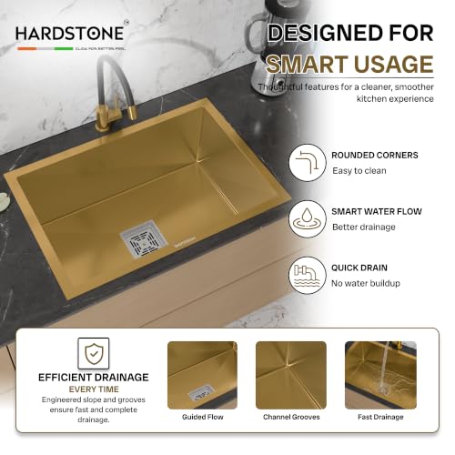 Image of HARDSTONE Premium Kitchen Sink | Single Bowl 24x18x9 Inch | Handmade Heavy Duty Stainless Steel Wash Basin with Matte Gold Finish | Includes Waste Hose Pipe, Coupling & Compact Drying Rack | Gold