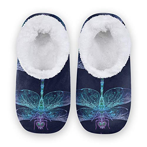 OTVEE Dark Blue Dragonfly House Slipper for Women Men, Comfy Slippers Warm Home Bedroom Shoes