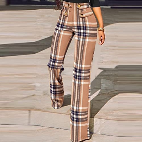 Pants For Women Fashion Plaid Print Dress Pant Elegant Slim Fit Straight Button Casual Suit Pants Pencil Trousers Brown #TOP2