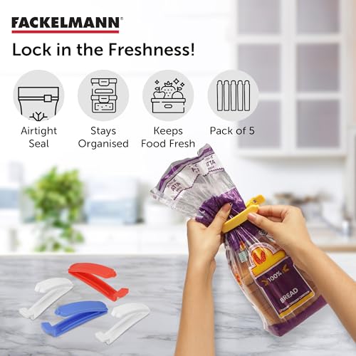 Image of Fackelmann Re-Usable Food Sealing Clips, Set of 5 | Ergonomic Design, Durable & Easy to Use | BPA Free Plastic | Ideal for Clipping Plastic Bags, Food Bags & Paper Bags - Multicolour