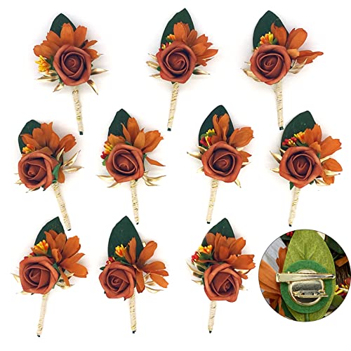 HOBRIMO of 10 Terracotta Boutonniere for Men for Wedding Groomsmen Guest Artificial Flowers Boutonniere for Wedding Ceremony Formal Dinner Party, Burnt Orange