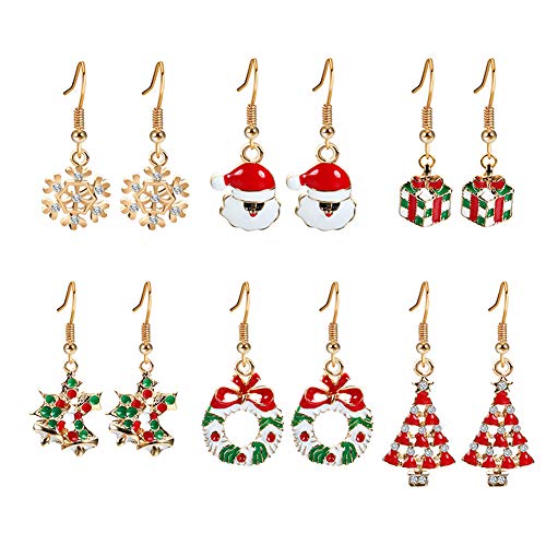 Obling - Juego de 6 pares de pendientes de Navidad con diseño de muñeco de nieve y alce de Papá Noel