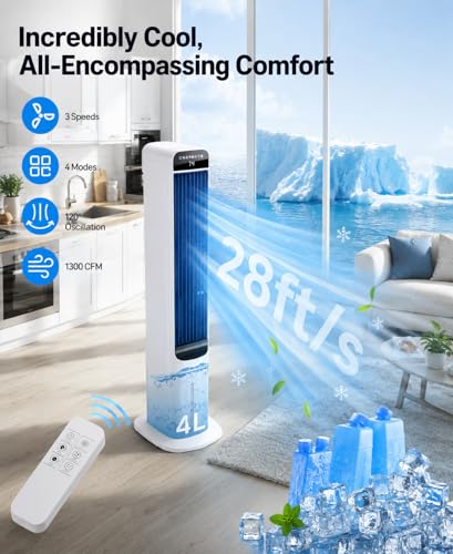 Image of Uthfy 41 Inch Swamp Cooler Air Conditioner, 3-in-1 Portable Air Conditioners with 4 Modes, 3 Speeds, 120 Oscillation, 4 Ice Packs, Removable Water Tank, Cooling Fans that Blow Cold Air with Remote