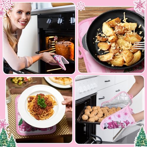 Jingmore 12 Pcs Pink Christmas Pot Holders with Pocket Hello Winter Snowflake Pot Holders Gift Bulk Snowman Gnome Heat Resistant Hot Pads Oven Mitts Cute Oven Gloves for Xmas Kitchen Baking Cooking by Jingmore - Used condition - Image 5