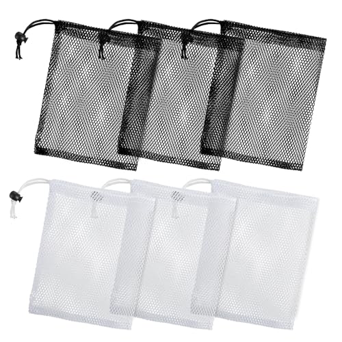 Mesh Drawstring Bags - 6pc Set (3 Black, 3 White) - Drawstring Cord Lock - Nylon Mesh - Sports Gym Beach Toys Bag - 15.7 * 11.8 Inches