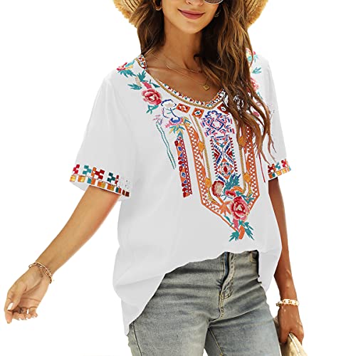 Lauraklein Women's Boho Mexican Embroidered Tops For Women V Neck Short Sleeve Summer Peasant Blouse Loose Ethnic Tunics Shirts(White-Xl) #TOP3