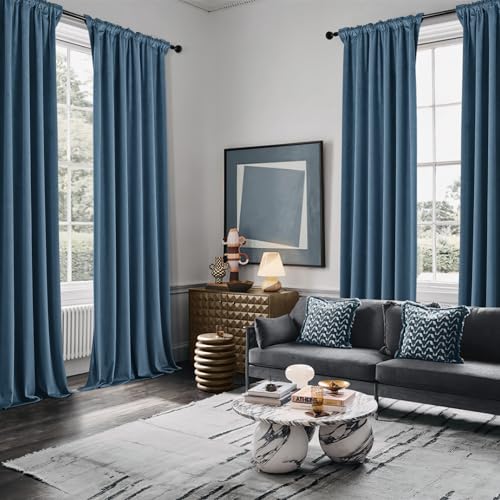 Image of MIULEE Velvet Curtains 50W x 96L 2 Panels Stone Blue Blackout Curtains | Luxury velvet fabric, pinch pleat design, back tab hooks, thermal insulated, blackout light blocking, for living room bedroom