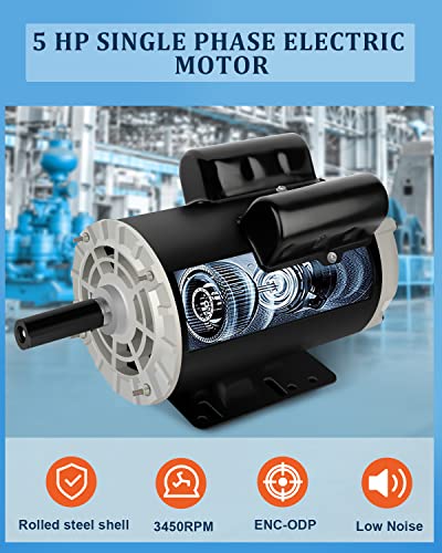 5 Hp Air Compressor Motor Single Phase Electric Motor, 7/8" Shaft Diameter, Ccw 60Hz, 3450Rpm, 208V-230V #TOP2