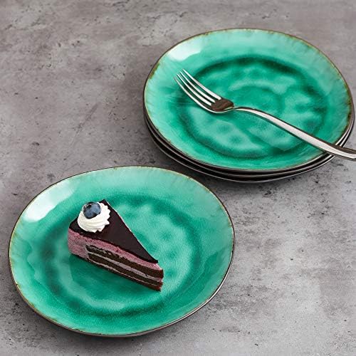 vancasso Coco 4 Pieces Dessert Plate Stoneware Vintage Look Ceramic Green Crockery 8.5 inch Dessert Plate Set Salad/Fruit/Snack Plate. (21x21x2.5 cm)