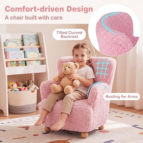 Image of KOTEK Comfy Toddler Chair, Sherpa Kids Armchair with Rubber Wood Legs, Children Reading Chair for Boys & Girls, Upholstered Kids Sofa for Playroom Bedroom Nursery (Light Pink)