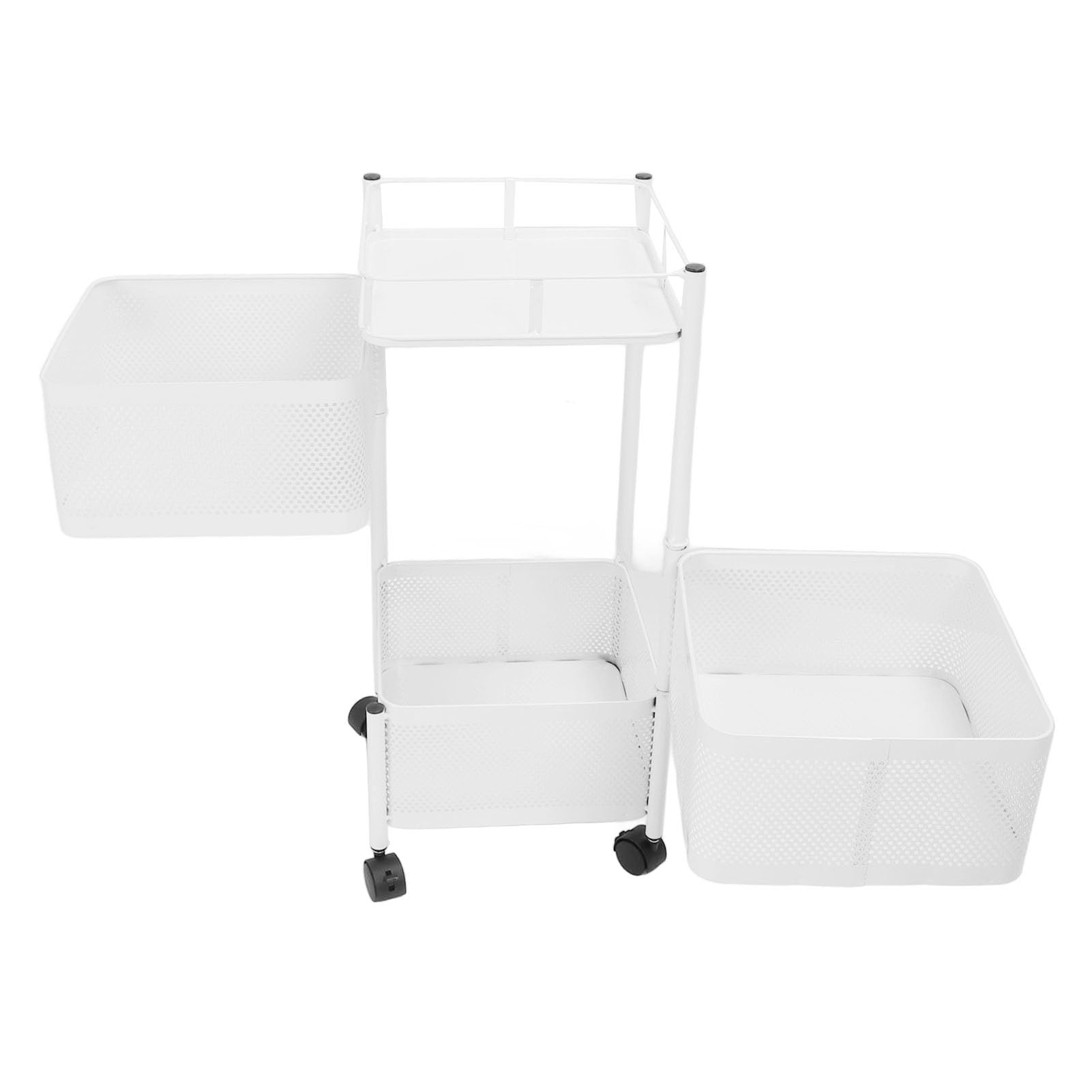 Rotating Storage Rack, Space Saver Carbon Steel Rotatable Mesh Basket Storage Rack with Wheels, Storage Cart for Kitchen Bathroom (White 3 Tier)