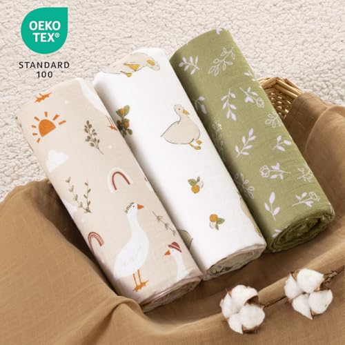 Image of david's kids 4 Pack Baby Muslin Swaddle Blankets, 100% Cotton and Ultra Soft Breathable Receiving Blanket Wrap for Boys Girls, New Born Essentials, Large 47 x 47 inches, Farm & Duck