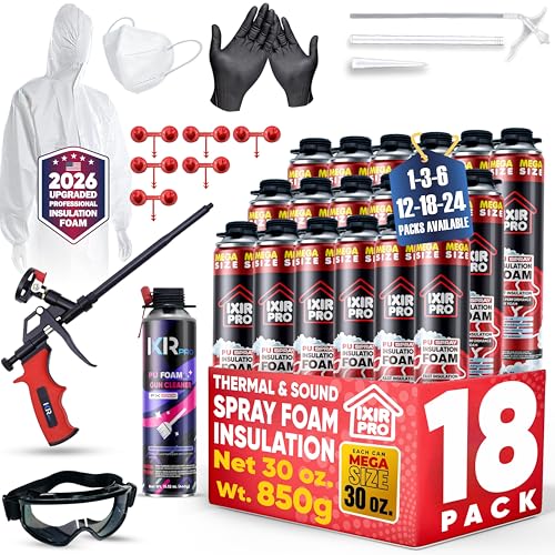 ixirpro Spray Foam Insulation Kit (18 PK Kit-30oz, 414 Board ft/sq.ft) Expanding Sealant, Spray Foam, Mega Size Closed Cell Heat Acoustic Insulation, High Density, Cleaner, Gun