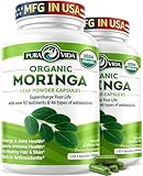 PURA VIDA MORINGA Organic Moringa Capsules Single Origin Moringa Powder Organic. Pure Moringa Leaf. Energy, Metabolism, & Immune Support. 120ct. 500mg Caps (Pack of 2)
