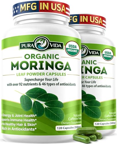 PURA VIDA MORINGA Organic Moringa Capsules Single Origin Moringa Powder Organic. Pure Moringa Leaf. Energy Metabolism & Immune Support. 120ct. 500mg Caps (Pack of 2)