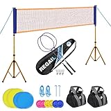 3 in 1 Badmintonnetz Set mit und Flying Ring -federball set mit netz,Federball Komplettset Mit Federballschläger,Höhenverstellbares Netz mit Ständer + 10 Soft Flying Ring für Kinder und Erwachsene