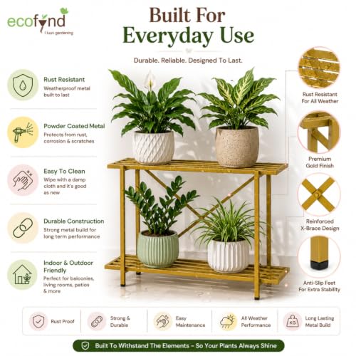 Image of ecofynd Adam Plant Stands for Outdoor Balcony, Flower Pot Stand for Indoor Plants, Large Metal Planter Stand for Living Room, home decor, Indoor & Outdoor plants, 2 Tier (35 Inch, PS029-GO)
