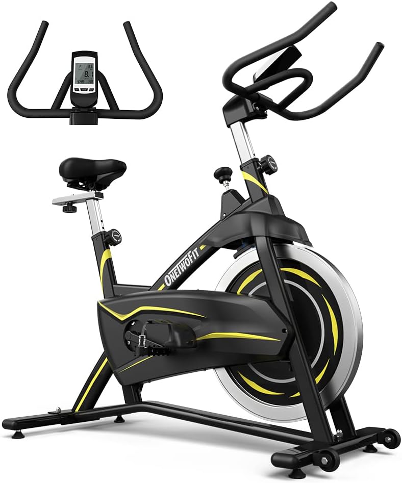 ONETWOFITIndoor Cycling Bike, Silent Bike with Belt Drive with Adjustable Handlebars and Seat,Chrome 18kg Flywheel for Home and Gym Use