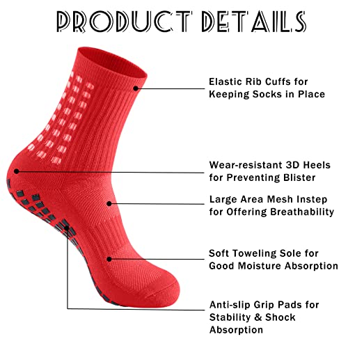 Elfcool Men's Grip Socks Soccer, 6 Pairs Of Non Slip Soccer Socks, Men's Athletic Anti Slip Crew Socks For Football, Basketball, Hockey (Red) #TOP2