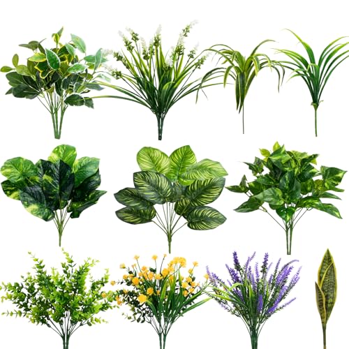 Luabue 19 Stück Künstliche Pflanzen Zweige & Kunstblumen für Draußen Wetterfest Kunstpflanzen Outdoor Künstliche Blumen wie echt Grüne Pflanzen Kunstblumen für Blumenkasten Garten Balkon Deko