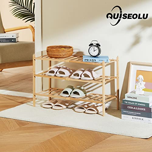 Quiseolu Bamboo Shoe Rack 3 Tier Stackable Shoe Shelf 1 + 2 Tier Small Shoe Racks Diy Free Standing Shoe Stand For Closet Entryway Bedroom Floor Dorm Natural Shoe Organizer D11 * W27.2 * H18.3 Inches #TOP1