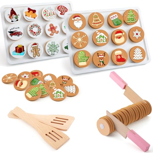 Soaoo Christmas Wooden Cookie Play Food Set for Kids
