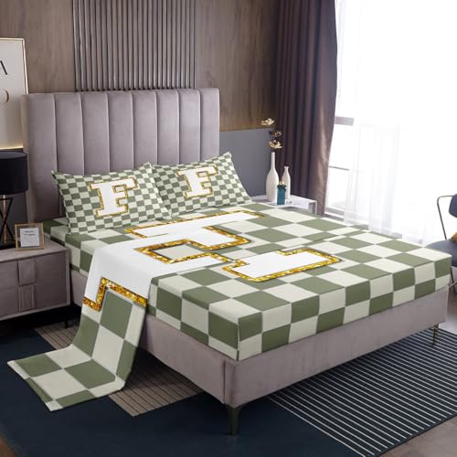 Image of Erosebridal Sage Green Checkered Bedding Set Full Plaid Initial F Bed Sheets Personalized Monogram Sheet Set Kids Boys Girls,Fashion Grids Gingham Fitted Top Sheets 4 Piece