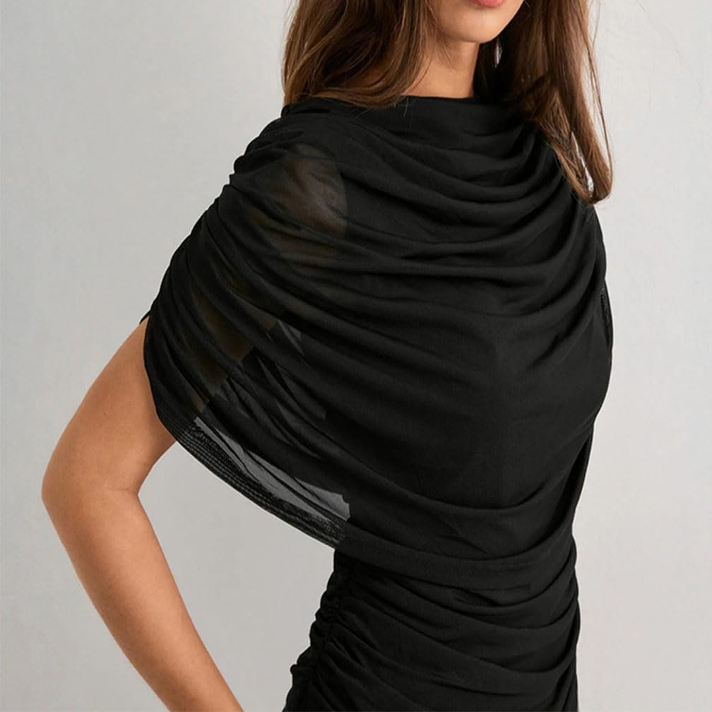 Women Y2k Half Cape Sleeve Ruched Blouse Trendy Slim Fit Draped Boat Neck Mesh Patchwork Cinched Waist Pullover - Image 3