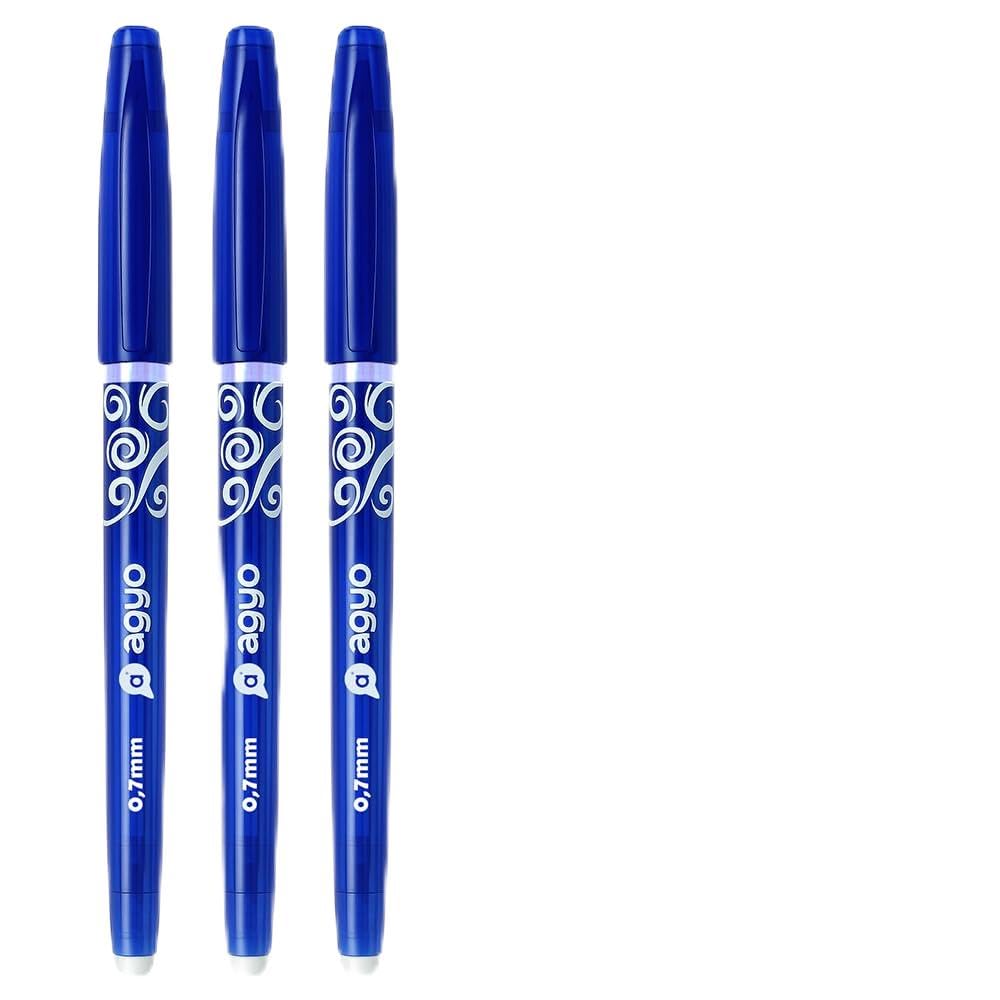 Agyo Erasable Gel Pens Blue 0.7mm - Pack of 3, Thermosensitive Ink Write-Erase-Rewrite, Pocket-Save, Ergonomic Handle, Quick Drying
