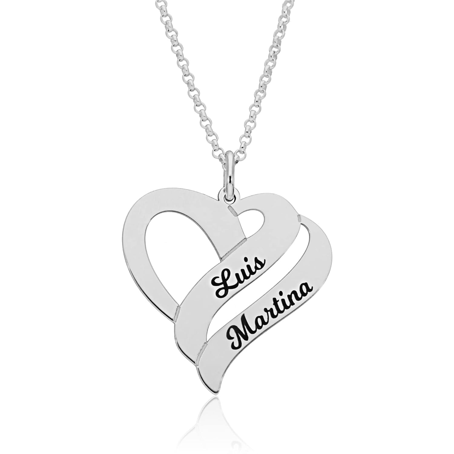 Collar Corazón Personalizado con Nombres. Colgante Corazon Personalizado para mujer. Colgante Corazón, Plata de Ley 925/1000.