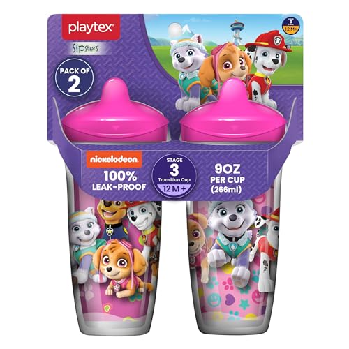 Playtex Baby Sipsters Hard Spout PAW Patrol Sippy Cup for 12+ Months, 9 Ounce (2 Count), Pink, Insulated Toddler Water Bottle for Kids, Spill-Proof Cups for Toddlers 1-3, Stage 3