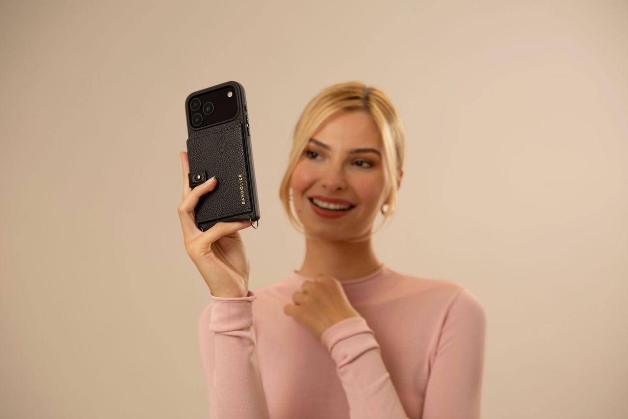 Bandolier Mila Crossbody Wallet Phone Case [MagSafe Compatible] for iPhone 17 Pro Max. 100% Genuine Pebble Leather. Adjustable & Removable Strap. Black with Pewter Hardware - Image 7