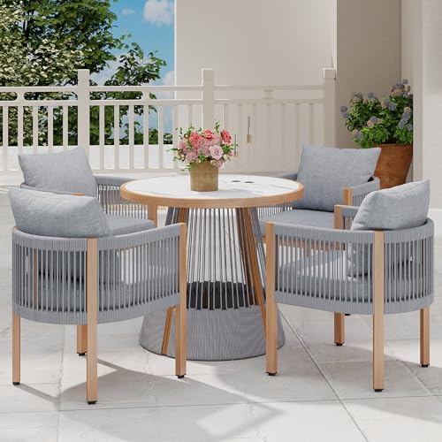 DAYARUS 5 Piece Outdoor Dining Set, Dining Room Table Set for 4 with Cushions, Rattan Patio Dining Set, Barrel Patio Chairs with Round Dining Table, Outdoor Table and Chairs for Balcony/Kitchen, Grey