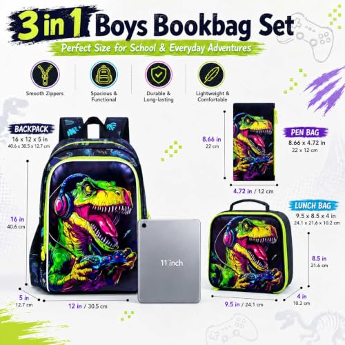 Image of WZLVO 3PCS Dinosaur Backpack for Boys, 16 Inch Kids Water Resistant Preschool Elementary Kindergarten Bookbags and Lunch Box