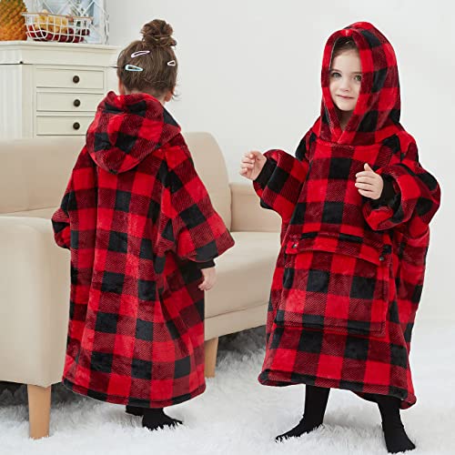 Image of KFUBUO Wearable Blanket Hoodie for Kids Toddlers Sherpa Blanket Sweatshirt With Pocket Cute Hoodies 2-6 Year Old Girl Boy Red Plaid