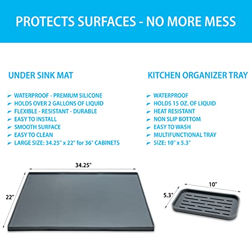 Pacific Hkb Mats Under Sink Mat For Kitchen Waterproof - Silicone Under Sink Liner (34.25” X 22”) Plus Organizer Tray - Under The Sink Mat For Kitchen Cabinet - Versatile Under Sink Tray - Gray #TOP5