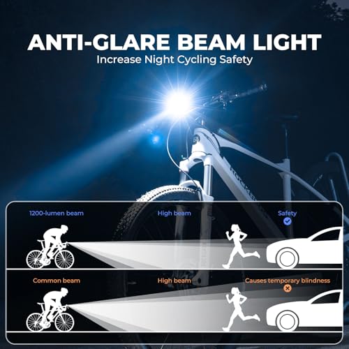 Image of ROCKBROS Bike Headlight 1200 Lumens 5000mAh USB-C Rechargeable Aluminum Alloy IPX6 Anti-Dazzling LED Bike Light 360Adjustable for Night Mountain Road Cycling